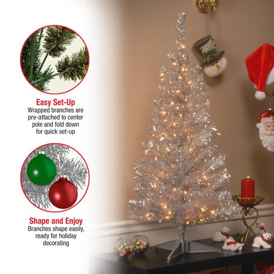4ft. Pre-Lit Silver Tinsel Artificial Christmas Tree, Clear Lights